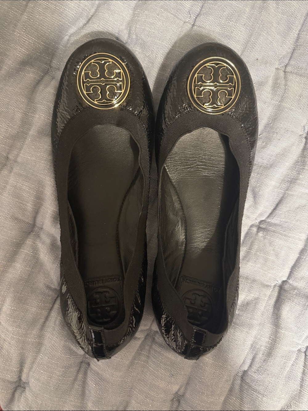 Tory Burch Black Patent Leather Logo Round-Toe Flats